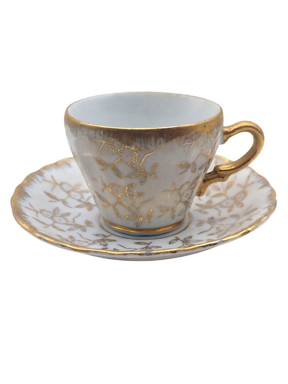 Porcelain Demitasse Tea Cup Saucer Set Gold Floral Scalloped Empress China Japan